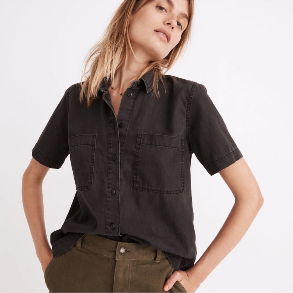 Madewell Cotton Denim Short Sleeve Shirt - Charcoal Black Size XS